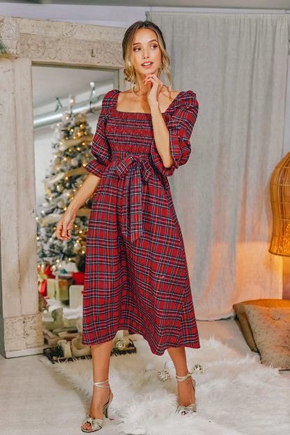 Cupshe Burgundy Belted Tartan Plaid Maxi Dress