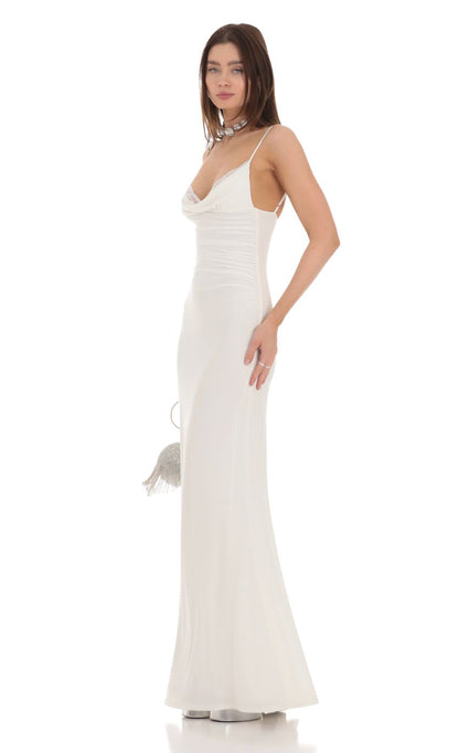 Lucy in the Sky Cowl Neck Mermaid Maxi Dress in White
