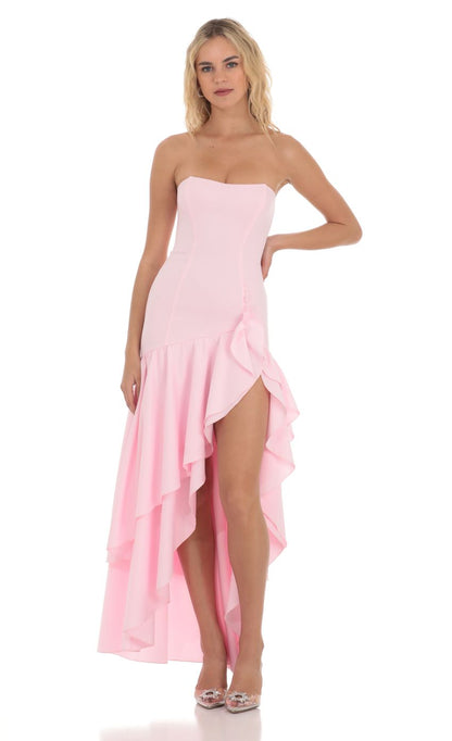 Lucy in the Sky Fishtail Strapless Corset Maxi Dress in Pink