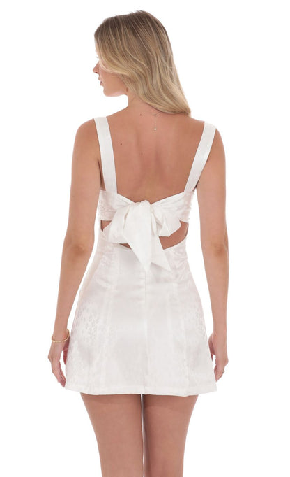 Lucy in the Sky Satin Jacquard Back Bow Bodycon Dress in White