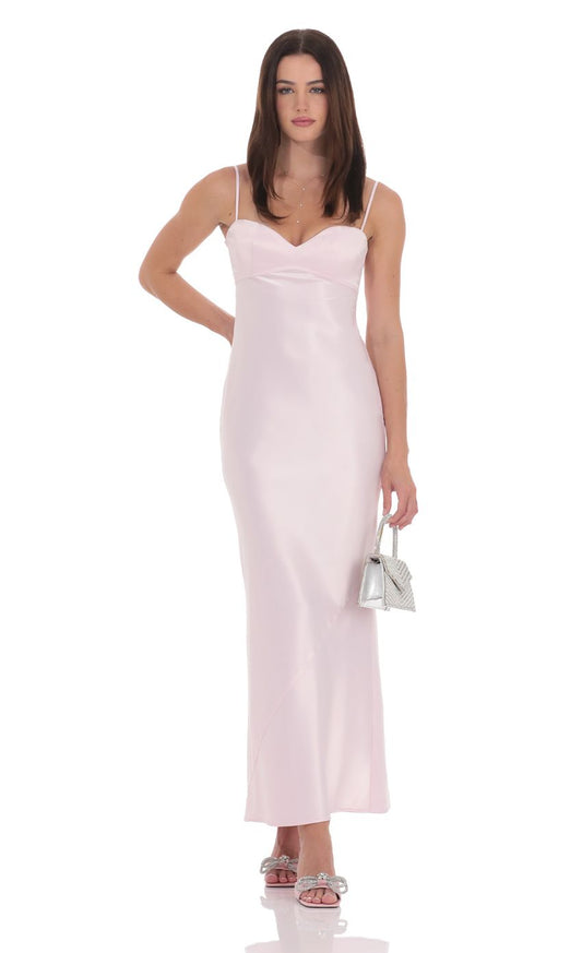 Lucy in the Sky Satin Back Tie Maxi Dress in Pink