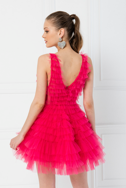 Kikiriki Women's New Fuschia Tiered Ruffle Plunging Tulle Mini Dress