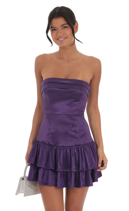 Lucy in the Sky Satin Strapless Ruffle Dress in Purple