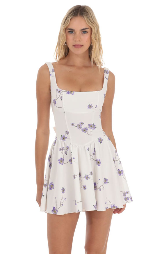 Lucy In The Sky Floral Open Back Flare Dress in White