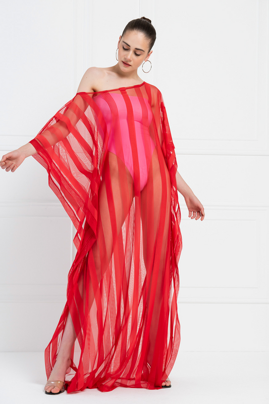 Kikiriki Women's Sheer Shadow-Stripe Maxi Tunic In Red