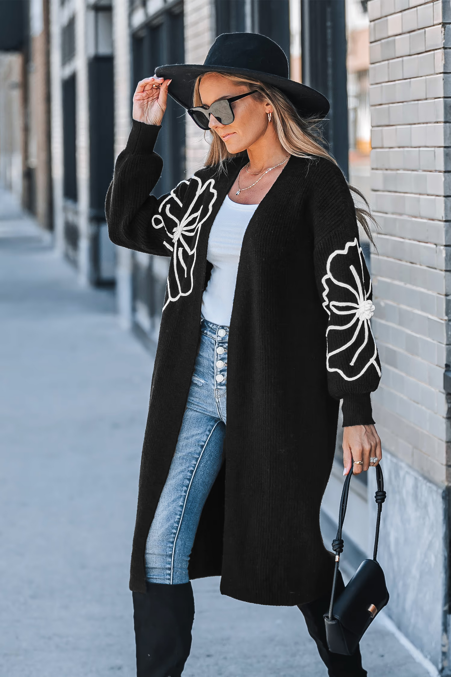 Cupshe Black Floral Open Front Knit Duster