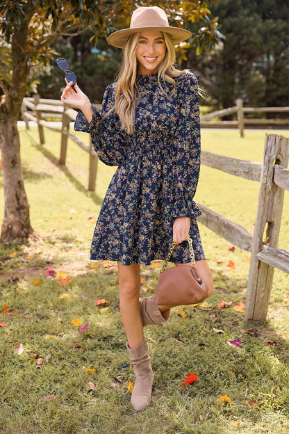 Cupshe Blue Floral Standing Collar Long Sleeve Ruffle Cuff Mini Dress