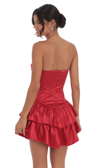 Lucy In The Sky White Satin Corset Strapless Dress in Red