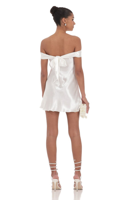 Lucy In The Sky Satin Off Shoulder Dress in White