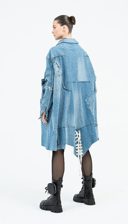 Kikiriki Women's Blue Distressed Longline Denim Jacket