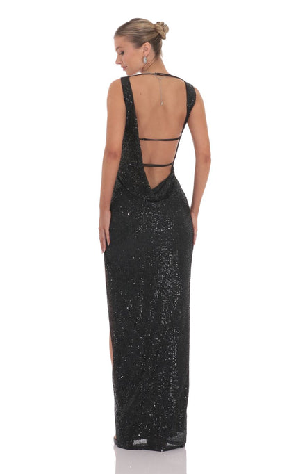 Lucy in the Sky Sequin High Neck Open Back Maxi Dress in Black