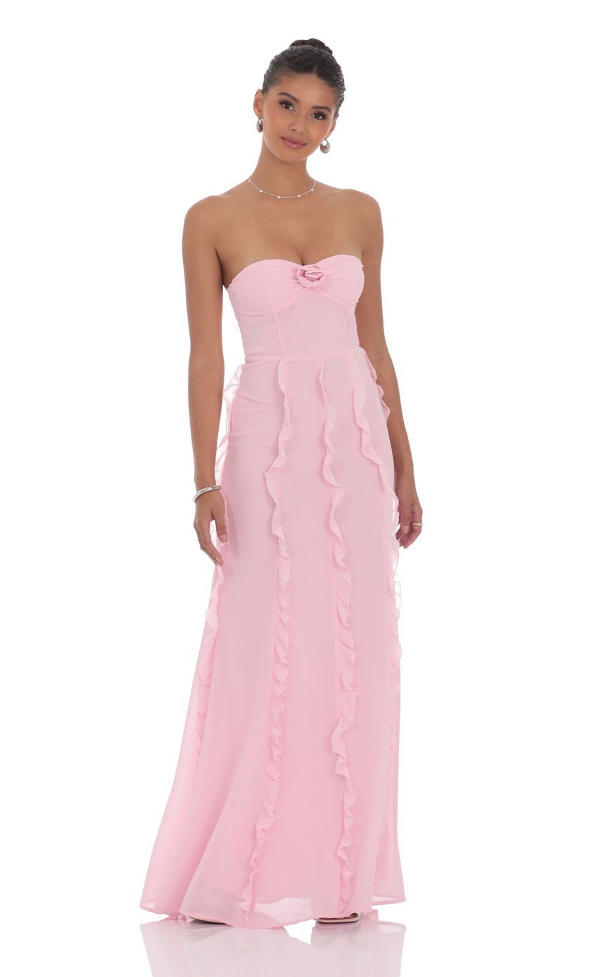 Lucy In The Sky Chiffon Rossette Ruffle Maxi Dress in Pink