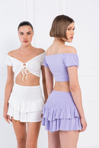 Kikiriki Women's New Lilac Off-The-Shoulder Crop Top & Mini Skirt Set