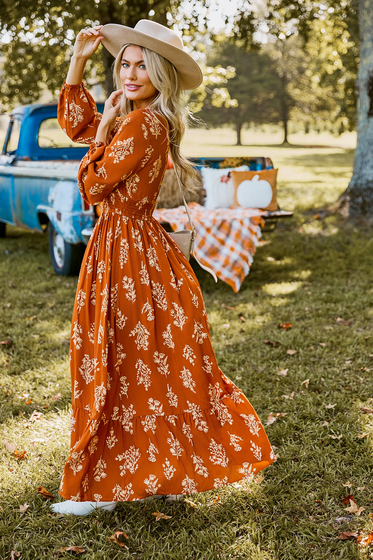 Cupshe Burnt Orange Floral Blouson Sleeve Smocked Waist Maxi Dress