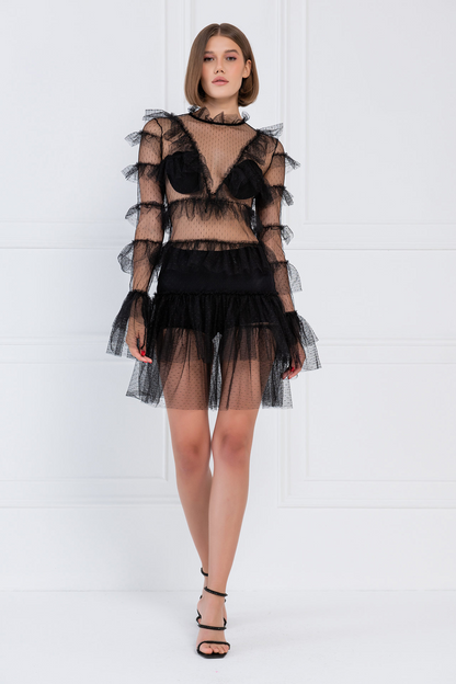 Kikiriki Women's Ruffle-Trim Sheer Black Mesh Mini Dress