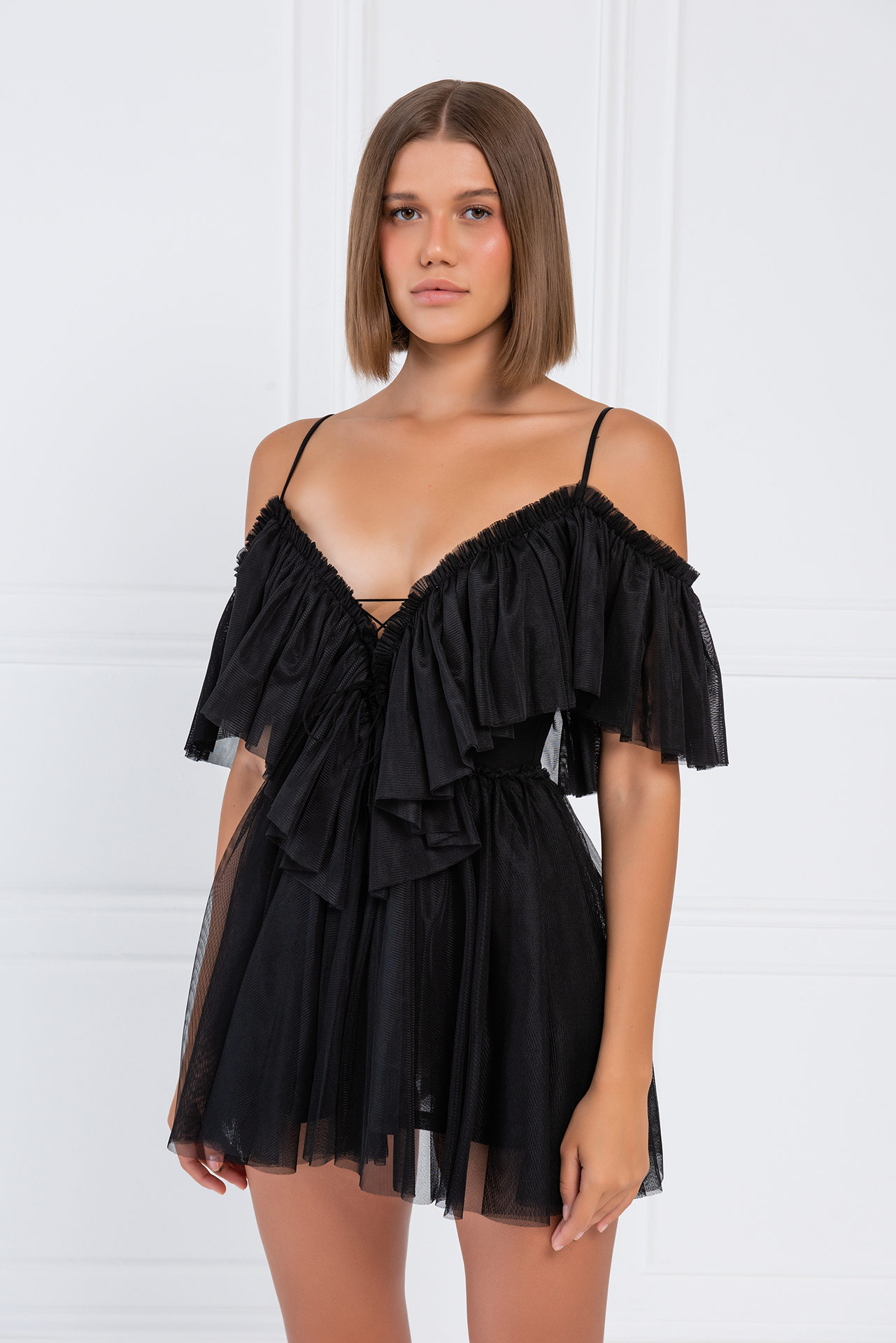 Kikiriki Women's Black Off-The-Shoulder Cami Tulle Dress