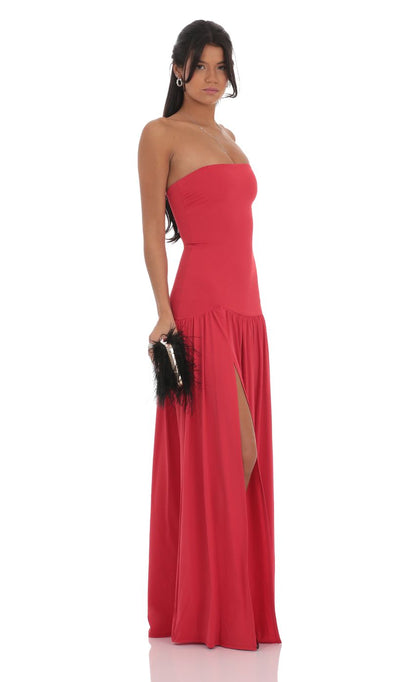 Lucy in the Sky Strapless Drop Waist Maxi Dress in Red