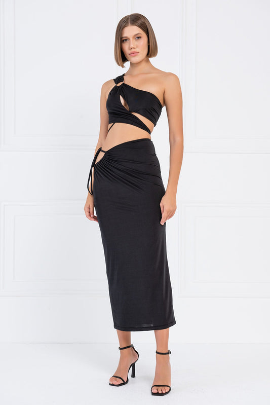 Kikiriki Women's Black One-Shoulder Crop Top & Skirt Set