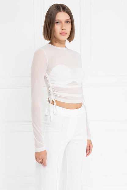 Kikiriki Women's Offwhite Ruched-Side Crop Mesh Top