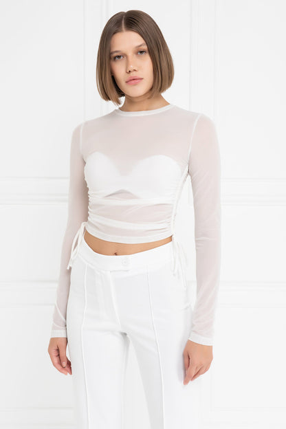 Kikiriki Women's Offwhite Ruched-Side Crop Mesh Top