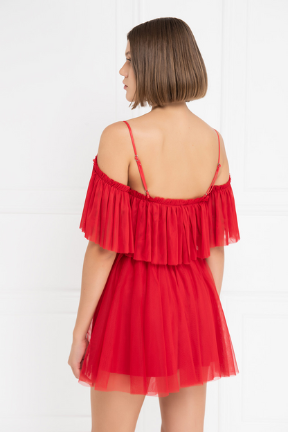 Kikiriki Women's Red Off-The-Shoulder Cami Tulle Dress