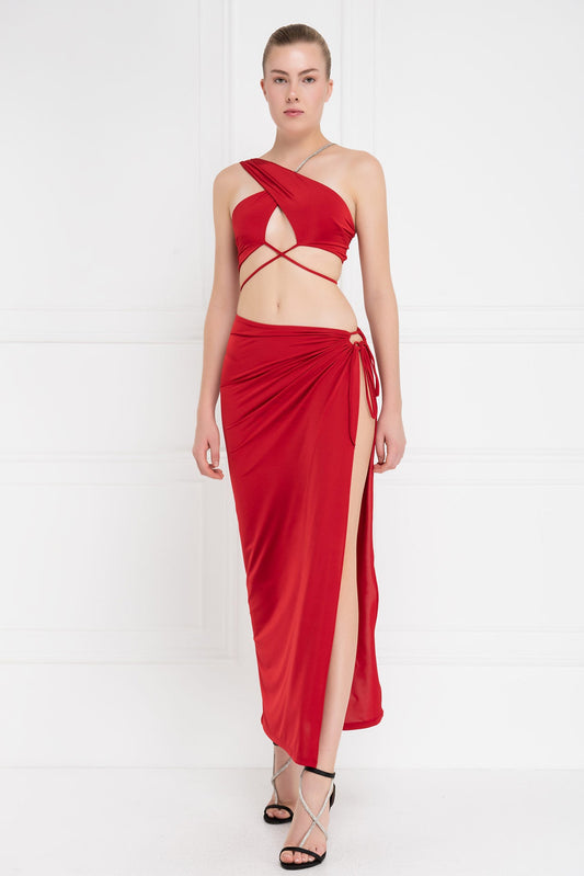 Kikiriki Women's Red Strappy Cropped Cami & Split-Leg Skirt Set