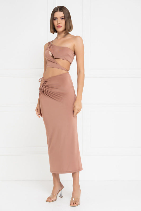 Kikiriki Women's Caramel One-Shoulder Crop Top & Skirt Set