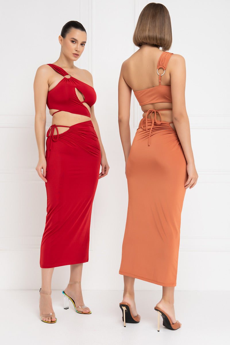 Kikiriki Women's Ochre One-Shoulder Crop Top & Skirt Set