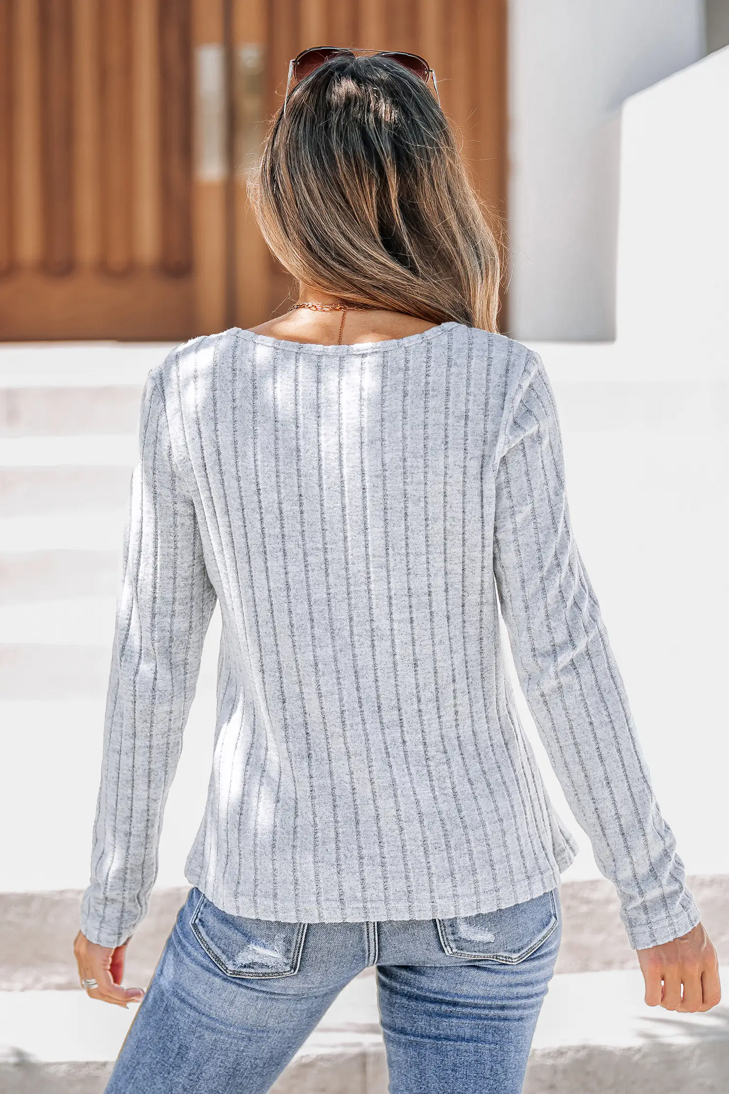 Cupshe Grey Ribbed Knit Round Neck Long Sleeve Tee (x2)