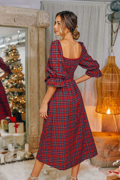 Cupshe Burgundy Belted Tartan Plaid Maxi Dress