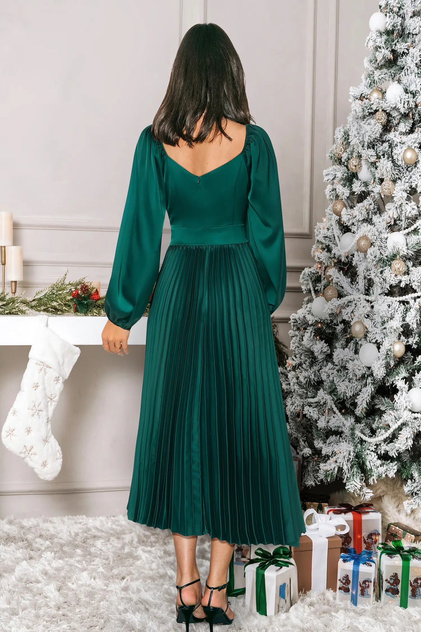 Cupshe Green Satin Sweetheart Puff Sleeve Midi Dress