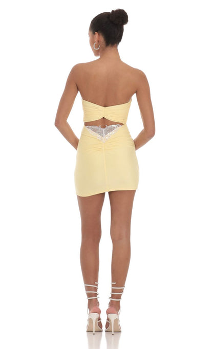 Lucy in the Sky Strapless Sequin Butterfly Bodycon Dress in Yellow