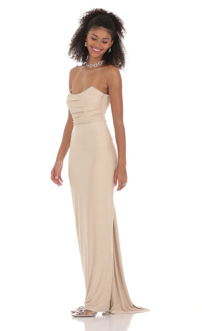 Lucy in the Sky Strapless Corset Sequin Butterfly Maxi Dress in Beige