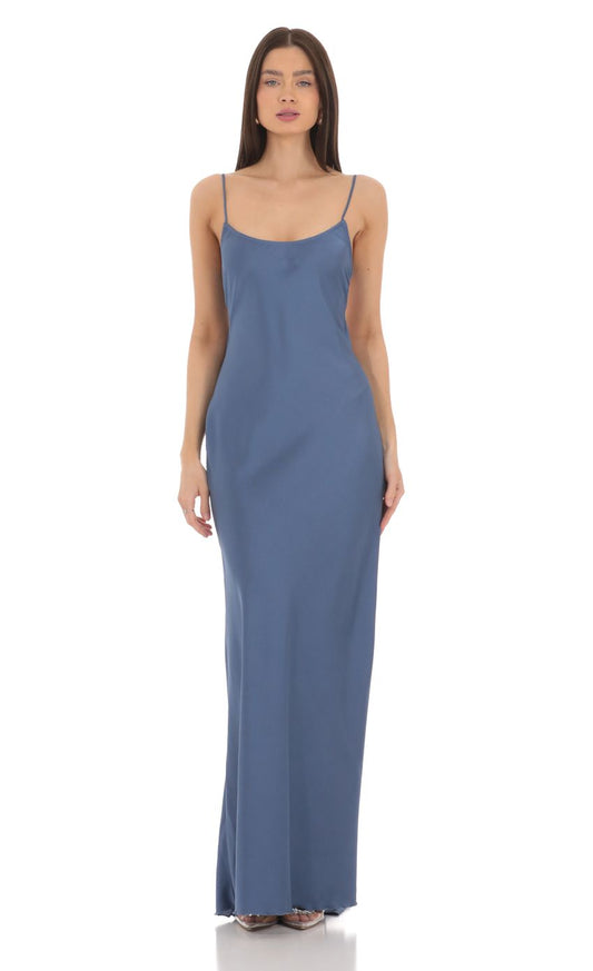 Lucy in the Sky Back Bow Satin Dress in Navy