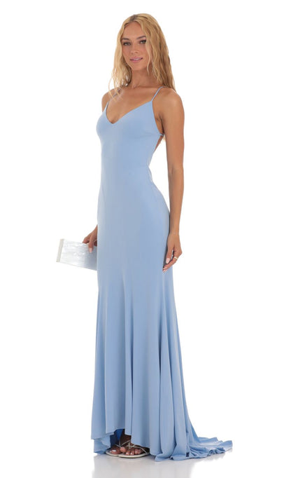 Lucy in the Sky Open Back Maxi Dress in Blue