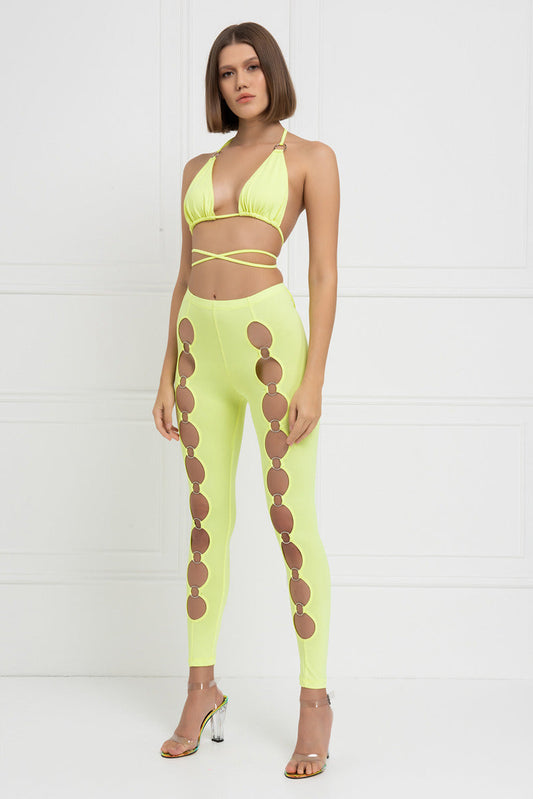 Kikiriki Women's Neon Yellow Strappy Triangle Top & Leggings Set