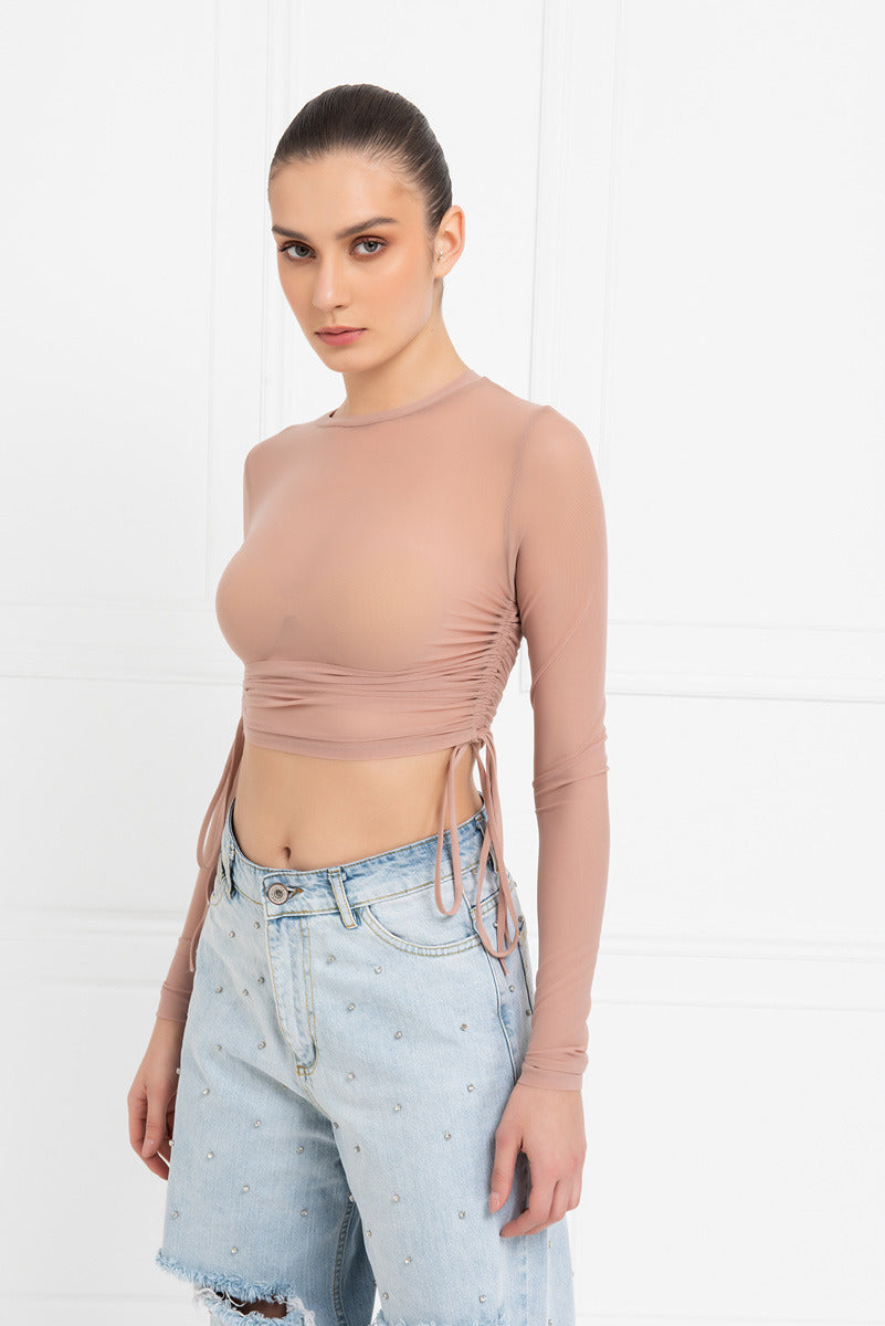 Kikiriki Women's Caramel Ruched-Side Crop Mesh Top