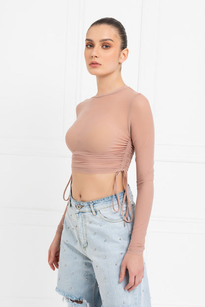 Kikiriki Women's Caramel Ruched-Side Crop Mesh Top