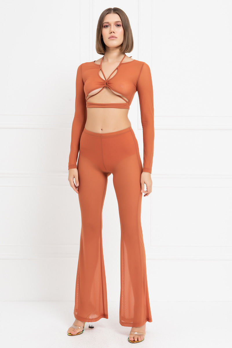 Kikiriki Women's Ochre Cropped Mesh Top & Flare Pants Set