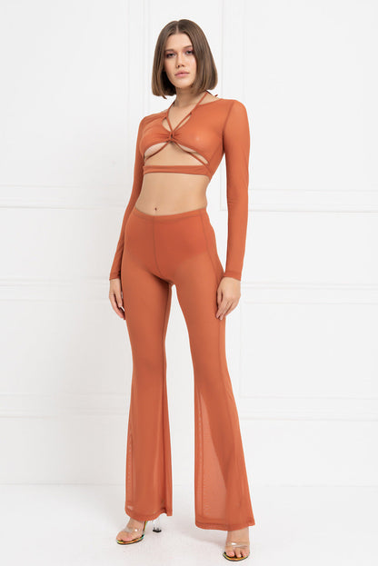 Kikiriki Women's Ochre Cropped Mesh Top & Flare Pants Set