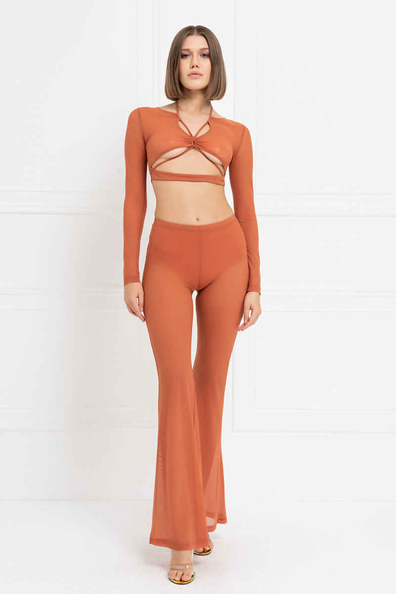 Kikiriki Women's Ochre Cropped Mesh Top & Flare Pants Set