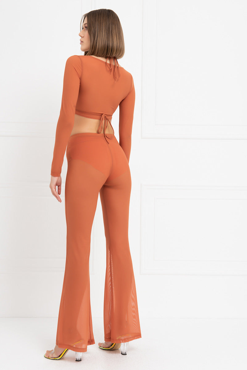 Kikiriki Women's Ochre Cropped Mesh Top & Flare Pants Set