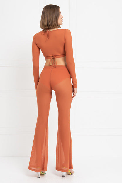 Kikiriki Women's Ochre Cropped Mesh Top & Flare Pants Set