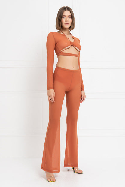 Kikiriki Women's Ochre Cropped Mesh Top & Flare Pants Set