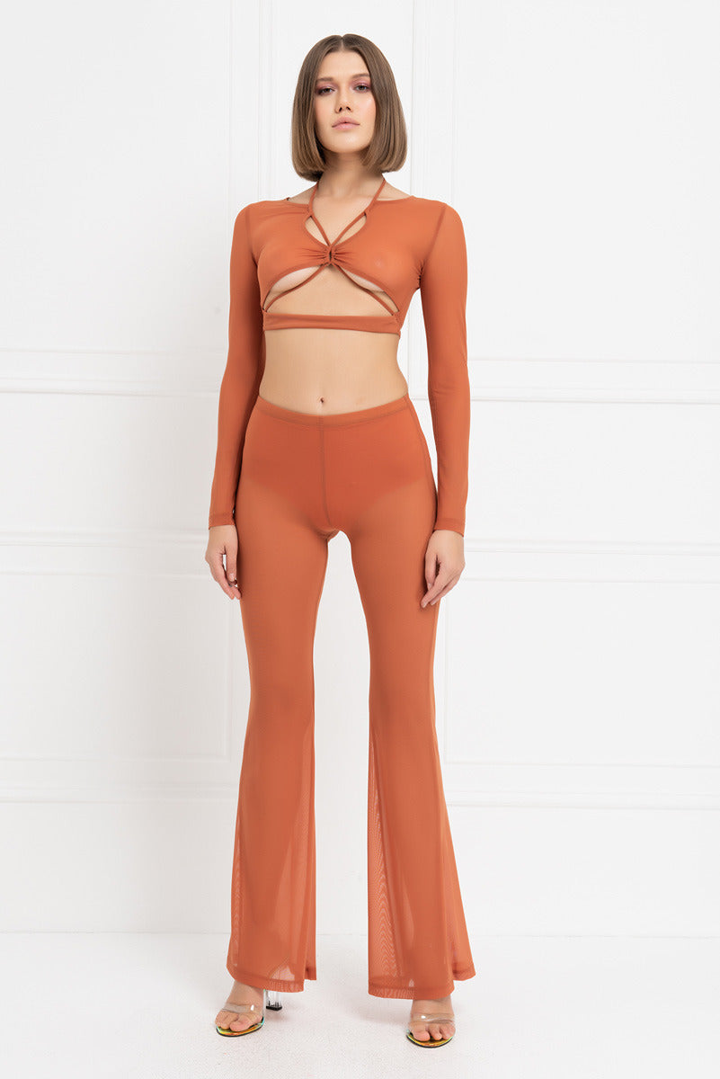 Kikiriki Women's Ochre Cropped Mesh Top & Flare Pants Set