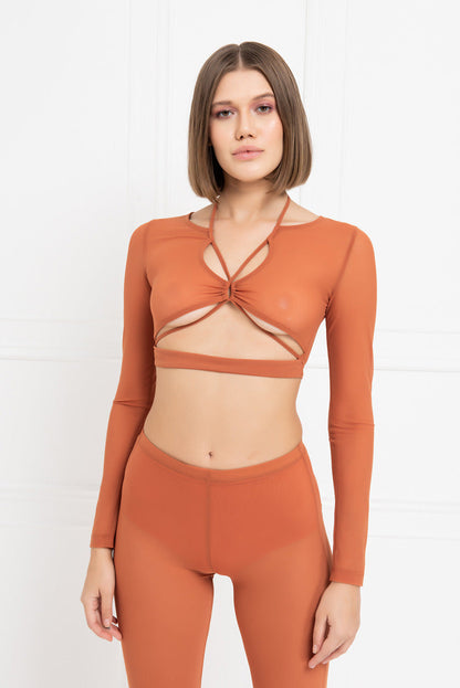 Kikiriki Women's Ochre Cropped Mesh Top & Flare Pants Set