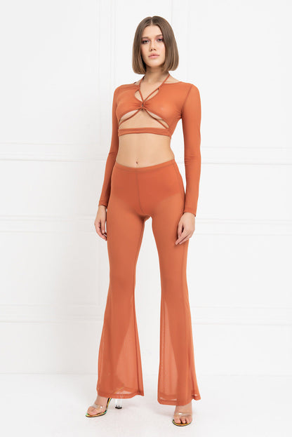 Kikiriki Women's Ochre Cropped Mesh Top & Flare Pants Set