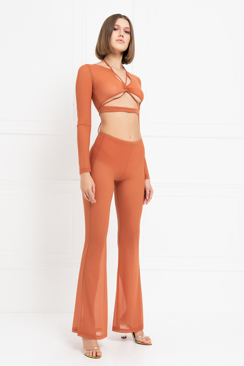 Kikiriki Women's Ochre Cropped Mesh Top & Flare Pants Set