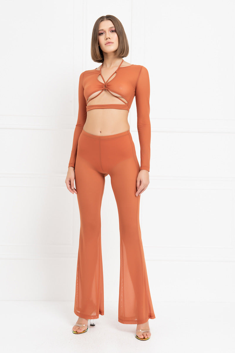 Kikiriki Women's Ochre Cropped Mesh Top & Flare Pants Set