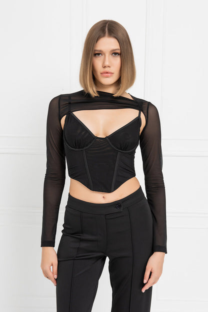 Kikiriki Women's Black Cut Out Crop Mesh Top